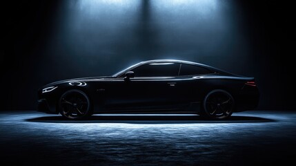 Fototapeta premium Black sports car standing out in a spotlighted dark room