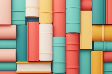 Colorful stacked books on a table in a modern aesthetic design, ideal for educational or library themes.