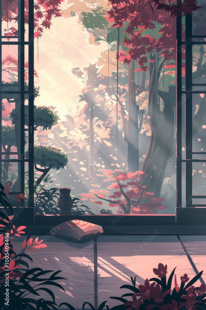 Poster a serene forest scene with a window in the middle. a book is placed on a table near the window