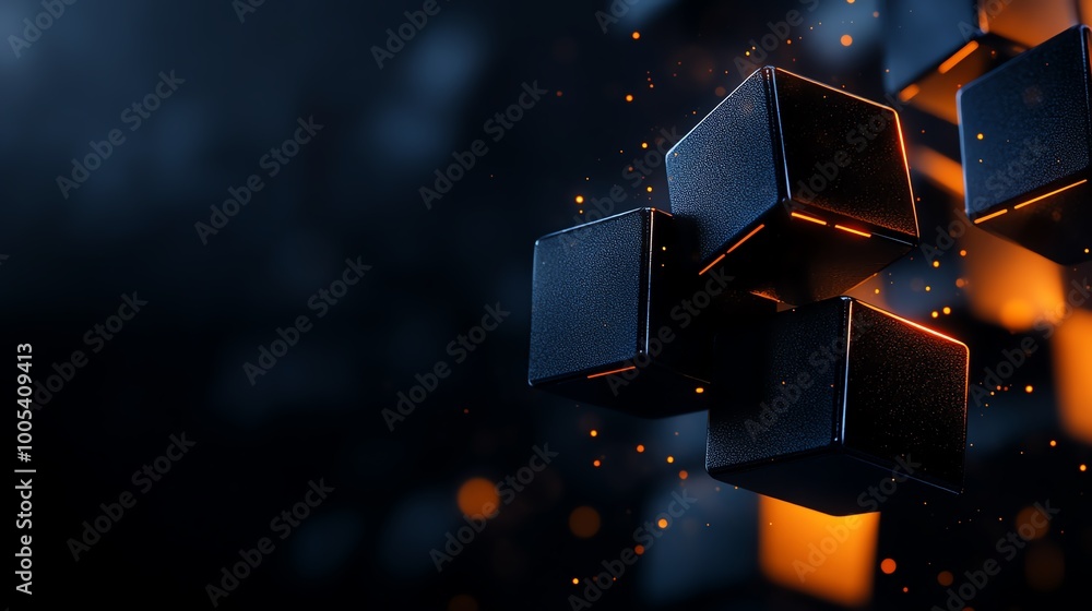Aufkleber abstract composition of glowing cubes in a digital space with dark background.