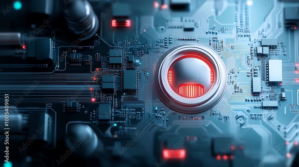 Poster close-up of a circuit board with glowing components and intricate details.