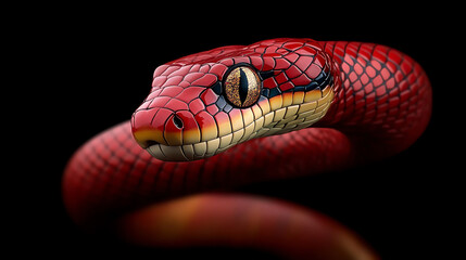Close-up of a vibrant red snake against a black background.