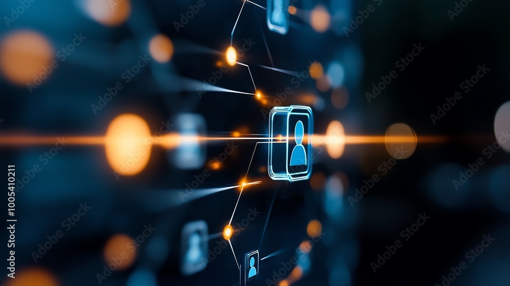 Poster connected digital icons symbolize online networking and security in modern technology.