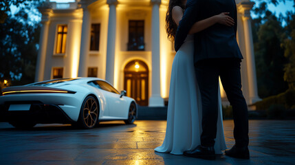 Couple embracing near a luxury car outside a grand illuminated building.