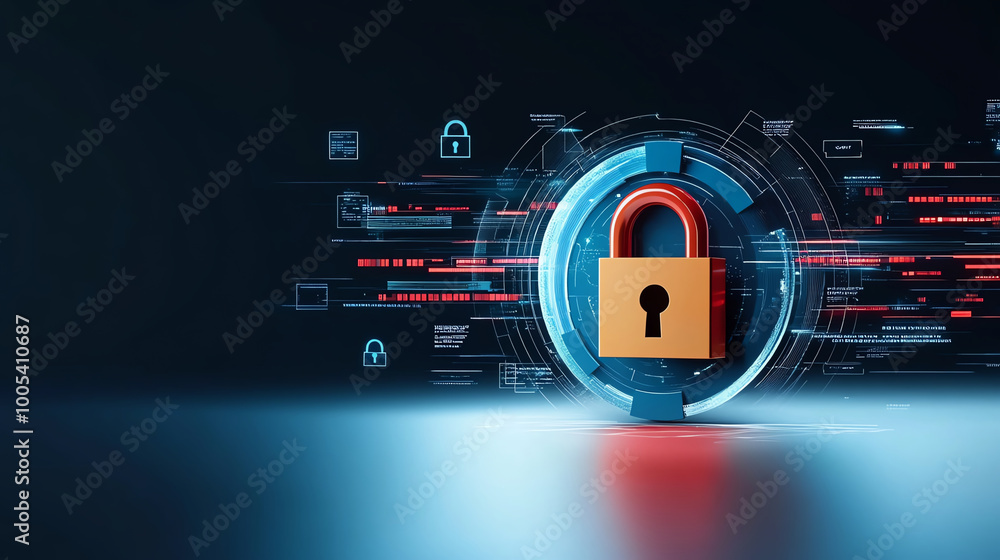Poster digital padlock with security symbols on a dark background.