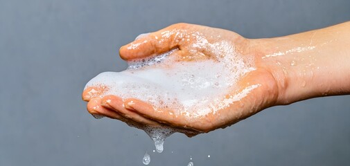 Fototapeta premium A close-up of a hand holding soapy water, highlighting cleanliness and hygiene.