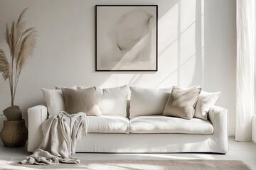 Modern, white minimalist interior. Modern interior design for posters in the living room layout with a white sofa with space to copy.  with generative ai