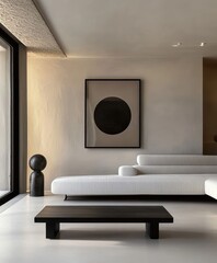 Minimalist interior, black framed circular artwork, white couch, low black coffee table, textured white walls, monochromatic palette, sleek modern design, soft natural lighting, clean lines, geometric