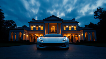 Luxury sports car parked in front of elegant mansion during twilight.