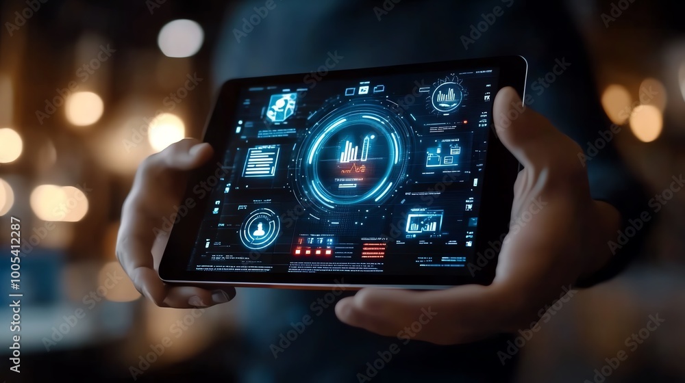 Poster person holding a digital tablet displaying advanced user interface.
