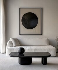Minimalist interior, black framed circular artwork, white couch, low black coffee table, textured white walls, monochromatic palette, sleek modern design, soft natural lighting, clean lines, geometric