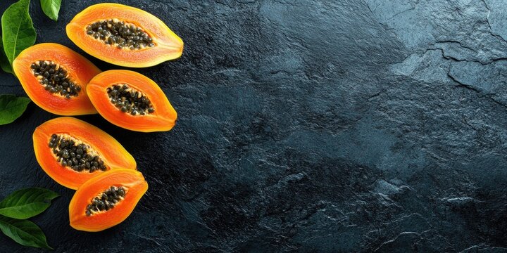 Sliced papanas with leaves on black background