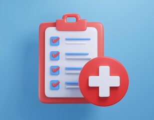 3D checklist with a red plus sign