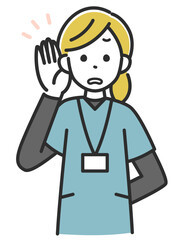 耳に手を当てている女性医療スタッフのイラスト
