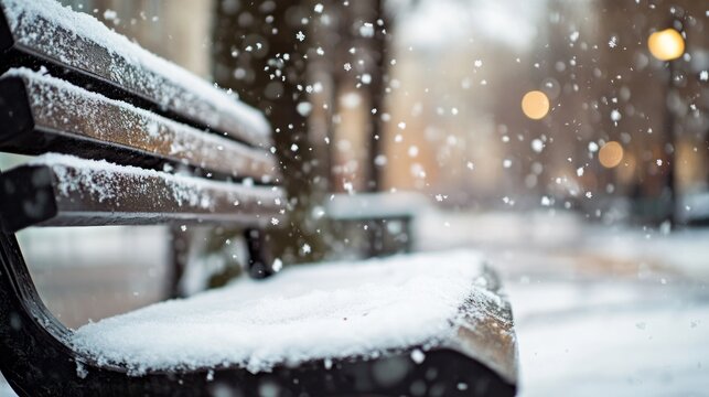 A snowy park bench with falling snowflakes, creating a serene winter atmosphere.