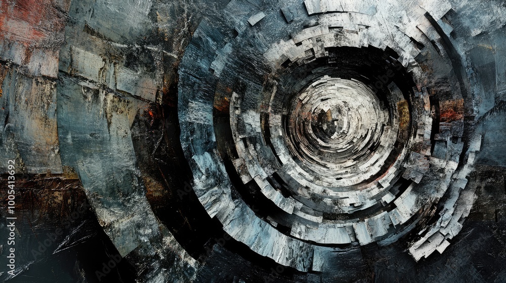 Poster mesmerizing abstract depiction of poverty, with swirling textures and fragmented patterns against a 