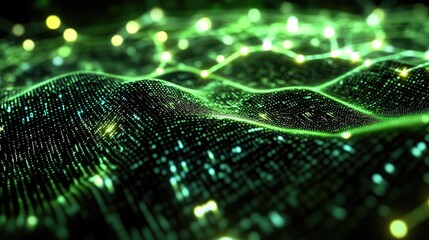 Abstract Green Digital Waves with Glowing Particles