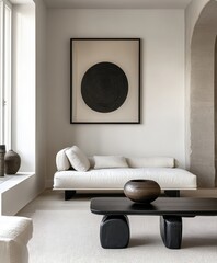 Minimalist interior, black framed circular artwork, white couch, low black coffee table, textured white walls, monochromatic palette, sleek modern design, soft natural lighting, clean lines, geometric