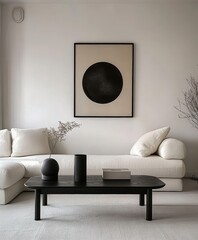 Minimalist interior, black framed circular artwork, white couch, low black coffee table, textured white walls, monochromatic palette, sleek modern design, soft natural lighting, clean lines, geometric