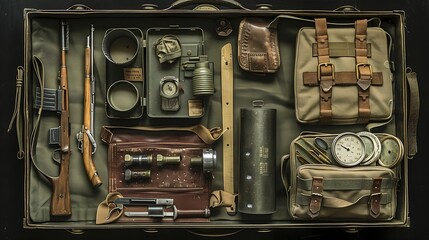 A camping tray comprised of artefacts with a military connotation