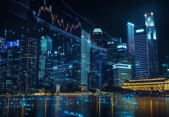 Obraz premium Nighttime Cityscape with Illuminated Skyscrapers and Stock Market Data