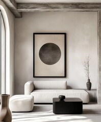 Minimalist interior, black framed circular artwork, white couch, low black coffee table, textured white walls, monochromatic palette, sleek modern design, soft natural lighting, clean lines, geometric