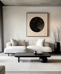 Minimalist interior, black framed circular artwork, white couch, low black coffee table, textured white walls, monochromatic palette, sleek modern design, soft natural lighting, clean lines, geometric