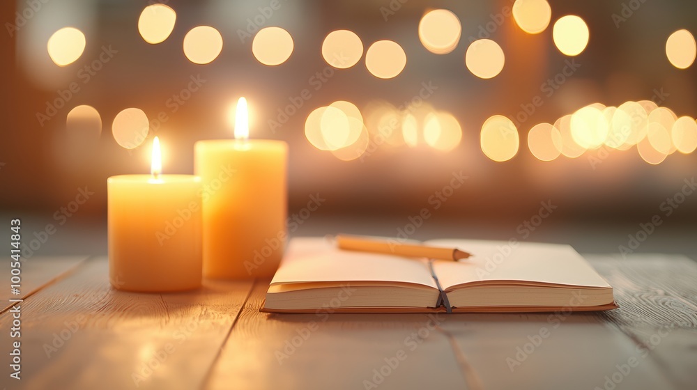 Poster cozy scene with candles and open notebook