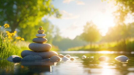 Obraz premium Tranquil River with Stacked Stones at Sunrise