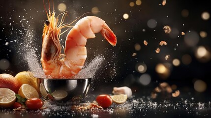 A dynamic image of a shrimp splashing into a bowl surrounded by fresh ingredients.