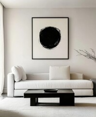 Minimalist interior, black framed circular artwork, white couch, low black coffee table, textured white walls, monochromatic palette, sleek modern design, soft natural lighting, clean lines, geometric