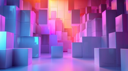 Abstract Composition of Interlocking Cubes in a Neon-Lit Room