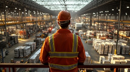 warehouse supervisor overseeing operations on a mezzanine level, looking out over the bustling activities below, emphasizing management and coordination