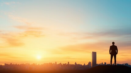 Fototapeta premium Businessman Overlooking Cityscape at Sunset