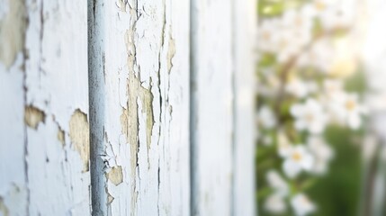 Close-up of weathered wood with blurred white flowers in the background.