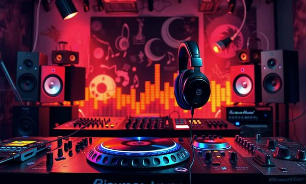 Vibrant DJ booth with turntables and sound system