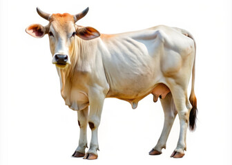 cow is standing next to white background, showcasing its smooth coat and gentle demeanor. This image captures essence of farm life and beauty of livestock