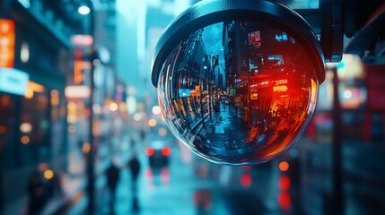 Security camera reflecting city lights at night.