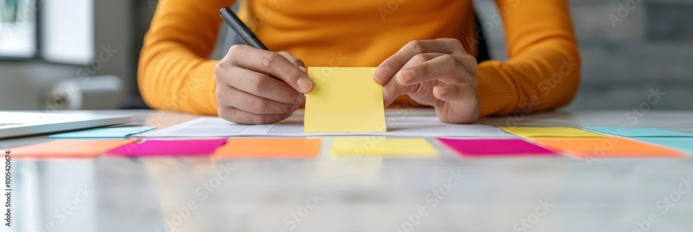 Poster a close-up of a person organizing vibrant sticky notes on a desk, focusing on task management and pl