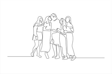 continuous line drawing of a group of friends posing