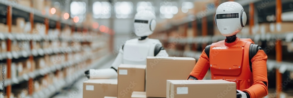 Aufkleber robots working in an automated warehouse, sorting and moving packages. high-tech solutions for logis