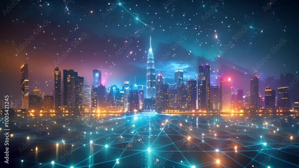 Poster Twilight over a digital representation of a modern city with networking overlay.
