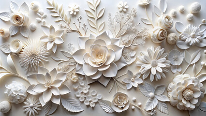 stunning arrangement of white paper art featuring intricate flowers, leaves, and decorative elements, creating serene and elegant atmosphere. This artwork beautifully showcases artistry of paper