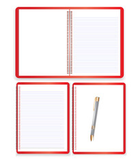 An illustration of a digital illustration of three red spiral-bound notebooks, arranged in a grid. The top image shows an open notebook with blank and lined pages. The two lower images display one not