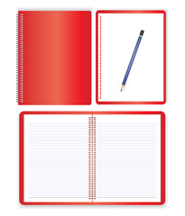 An illustration of a digital illustration of three red spiral-bound notebooks, arranged in a grid. The top image shows an open notebook with blank and lined pages. The two lower images display one not