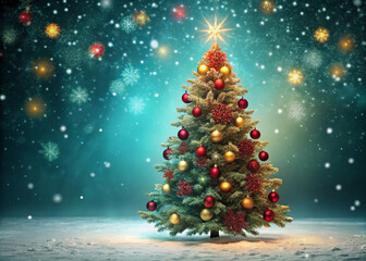 Obraz premium beautifully decorated Christmas tree stands in snow, adorned with colorful ornaments and shining star on top. Snowflakes gently fall around it, creating magical winter scene