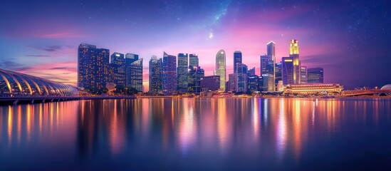 Fototapeta premium A panoramic view of a modern cityscape at sunset, with skyscrapers reflecting in the water.