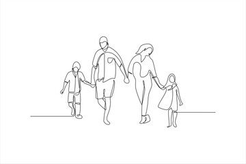 continuous line drawing of a family holding hands