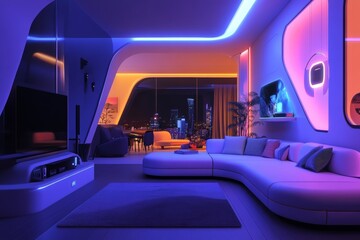 Modern Futuristic Living Room with City View