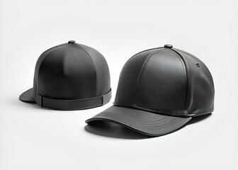 Obraz premium Stylish black baseball hats made of sleek leather, showcasing modern design. Perfect for casual wear or outdoor activities, these hats add trendy touch to any outfit